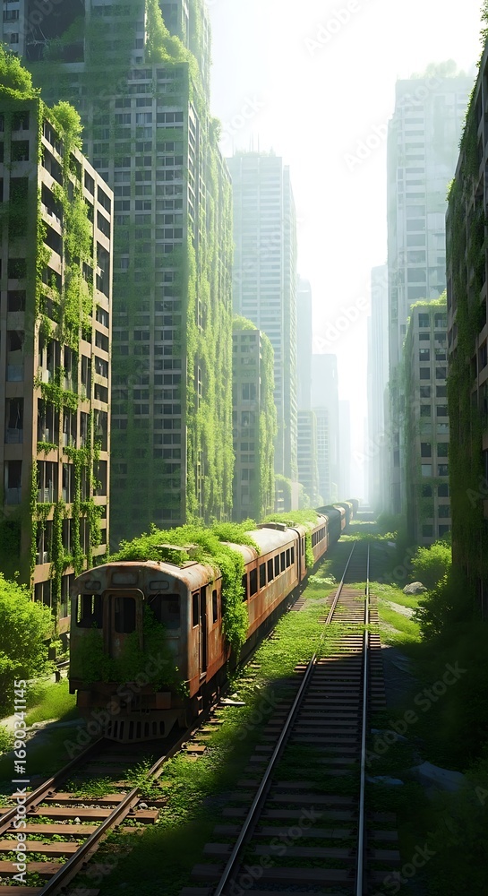 Naklejka premium Abandoned Train On Tracks In Overgrown City With Green Buildings image photo