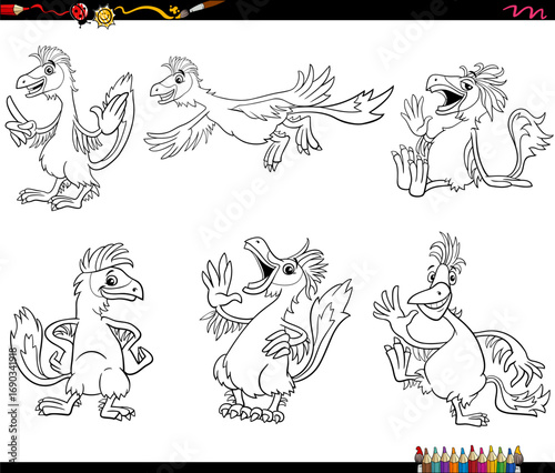 cartoon Caudipteryx or feathered dinosaurs characters set coloring page