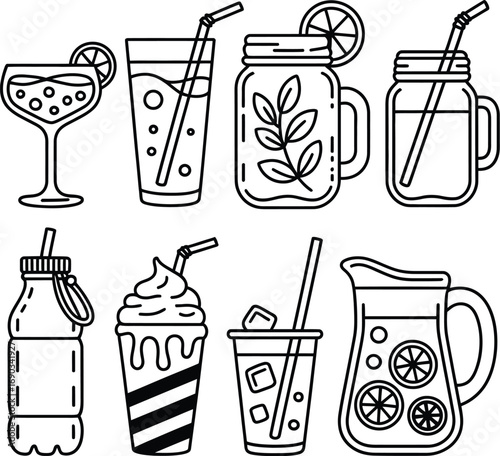 (135)Drink & Beverage Doodle Set – Black and White Vector Illustrations of Mason Jars, Cocktails, Citrus Drinks, and Pitchers