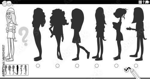 shadow game puzzle with cartoon girl character coloring page