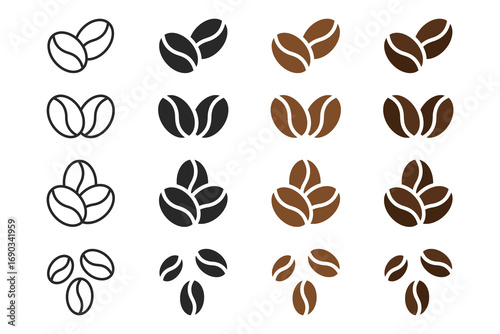 collection of coffee bean icons in outline, silhouette and flat colored styles