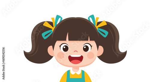 Joyful cartoon girl with pigtails and colorful bows, smiling widely and looking adorable