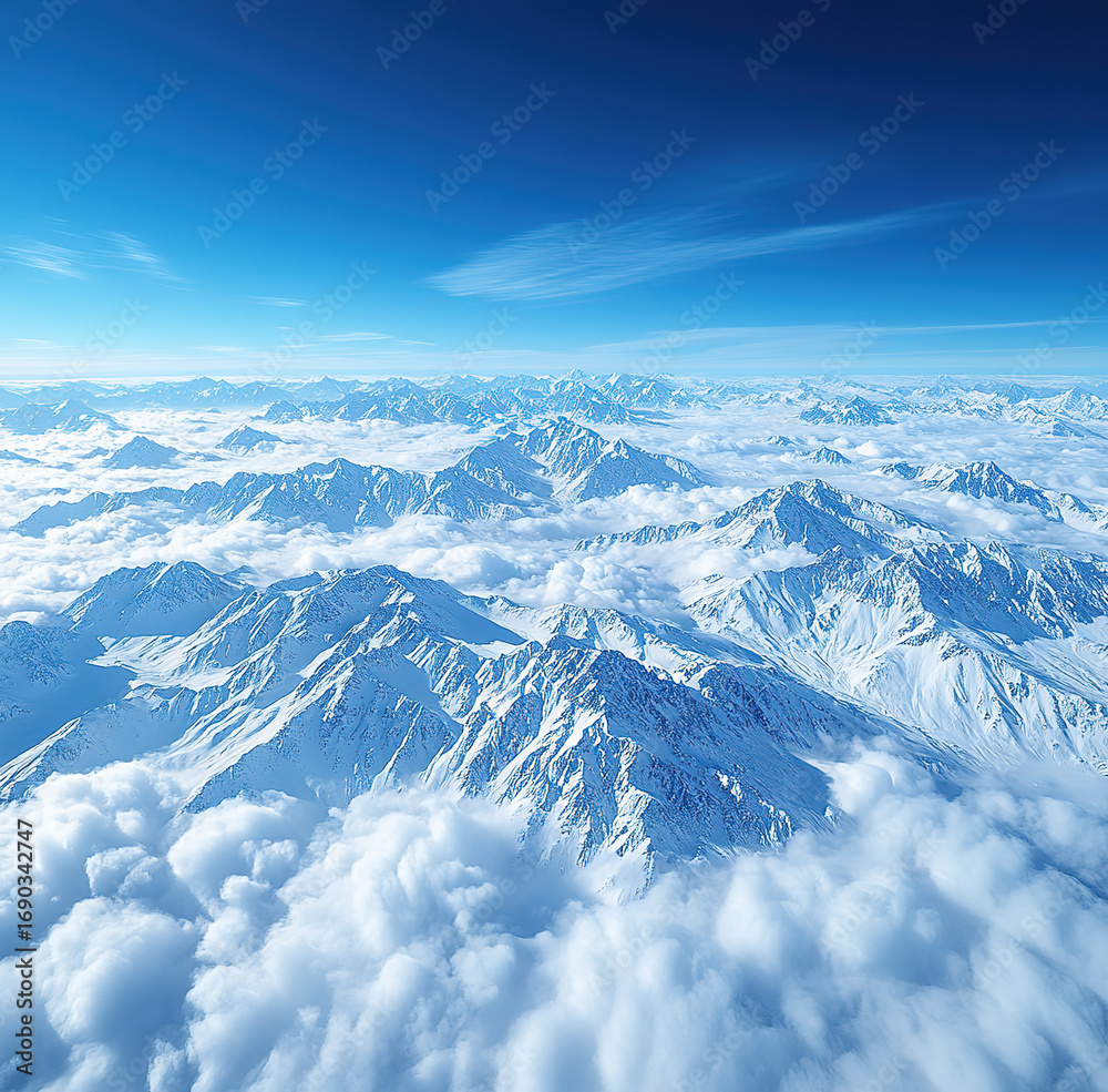 Obraz premium Aerial drone shot of majestic snow-covered mountain peaks rising above a sea of clouds under clear blue sky, vast and epic landscape