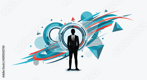 Confident businessman silhouette stands amidst vibrant abstract tech design, symbolizing innovation and progress.