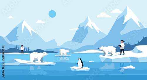 Scientists study polar bears and penguins in arctic landscape observing climate change effects on ice floes