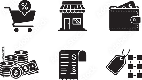 Shopping icons including shopping cart wallet coins receipt and tag