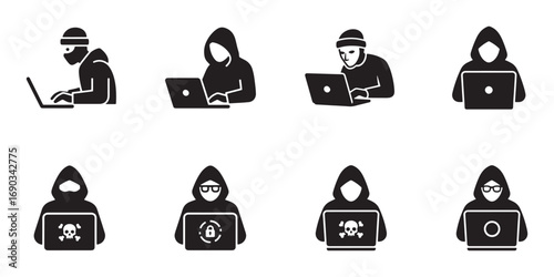 Hacker cyber security icon set silhouette vector