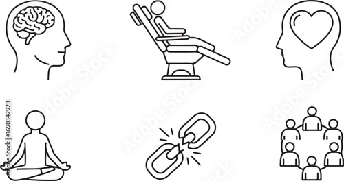 Icons representing mental health and psychology concepts on white background brain