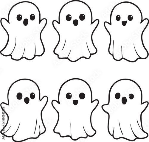 Set of Adorable Cartoon Ghost Characters with Different Expressions