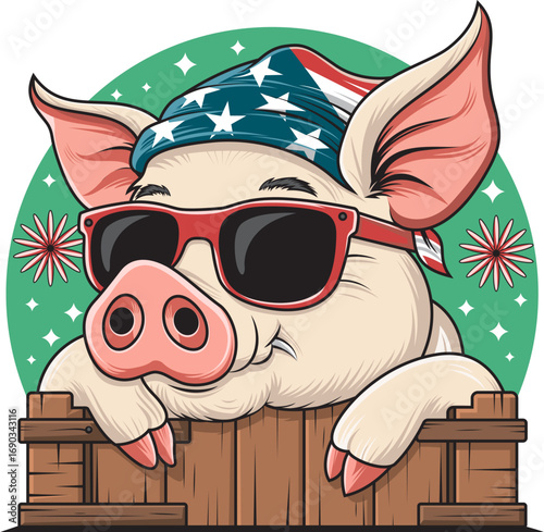 Envision a pig wearing a patriotic bandana and sunglasses - Cool Cartoon Pig Wearing Sunglasses Vector