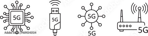 5G technology icons including chip USB adapter hub and router