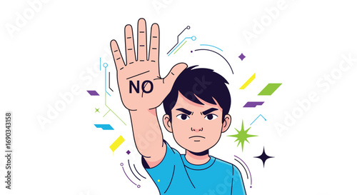 Determined young man firmly says NO with hand raised in modern abstract design