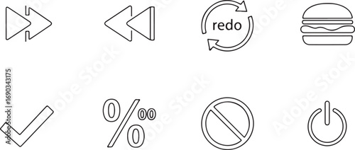 Fast forward rewind redo hamburger checkmark percentage prohibition and power icons Keywords: fast forward