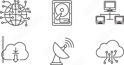 Network and data storage icons on white background globe circuit