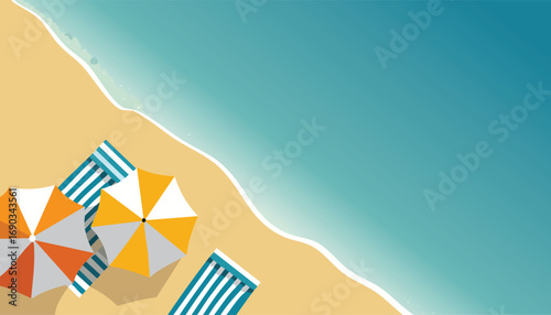 A top-down vector illustration of a beach scene with umbrellas and towels by the sea.Ideal for travel promotions, summer sale banners, website backgrounds, or vacation themes.