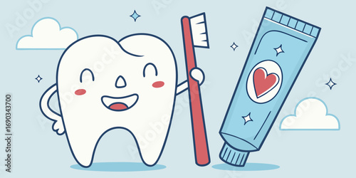 Create a realistic image of a healthy human tooth standing upright, holding a toothbrush in one hand and a tube of toothpaste in the other. The tooth has a smiling human-like expression and looks clea