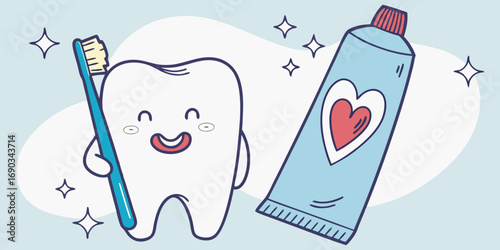 Create a realistic image of a healthy human tooth standing upright, holding a toothbrush in one hand and a tube of toothpaste in the other. The tooth has a smiling human-like expression and looks clea