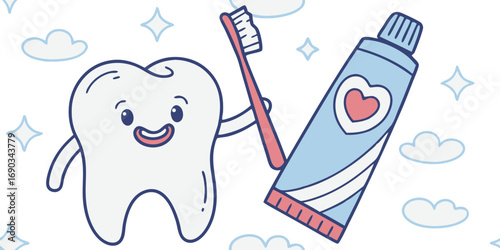 Create a realistic image of a healthy human tooth standing upright, holding a toothbrush in one hand and a tube of toothpaste in the other. The tooth has a smiling human-like expression and looks clea