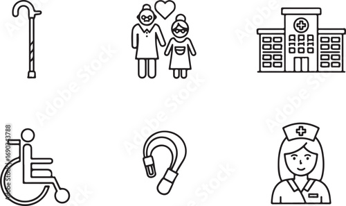 Set of six black and white line art icons related to elderly care and healthcare symbols