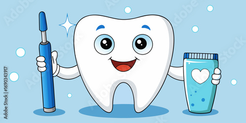 Create a realistic image of a healthy human tooth standing upright, holding a toothbrush in one hand and a tube of toothpaste in the other. The tooth has a smiling human-like expression and looks clea