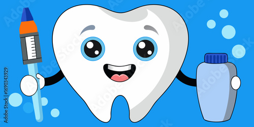 Create a realistic image of a healthy human tooth standing upright, holding a toothbrush in one hand and a tube of toothpaste in the other. The tooth has a smiling human-like expression and looks clea