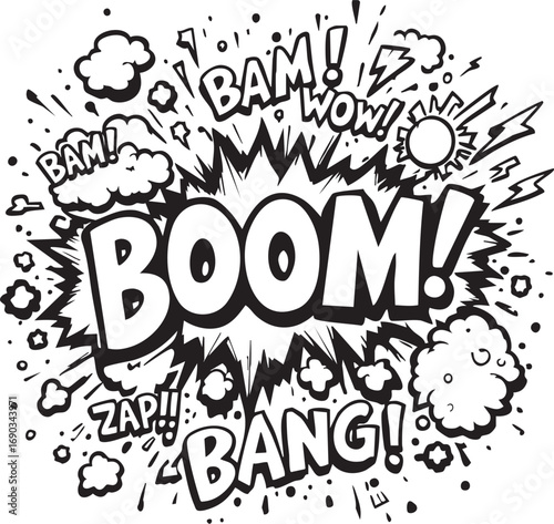 Comic Book Sound Effects Vector Graphic with Explosions and Words