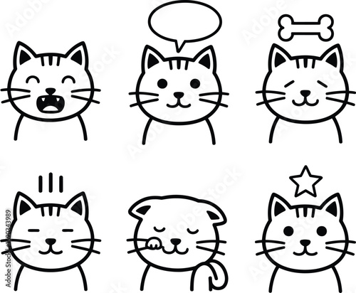 (148)Expressive Cat Doodle Set – Black and White Hand-Drawn Illustrations of Cute Feline Faces with Emotions and Symbols