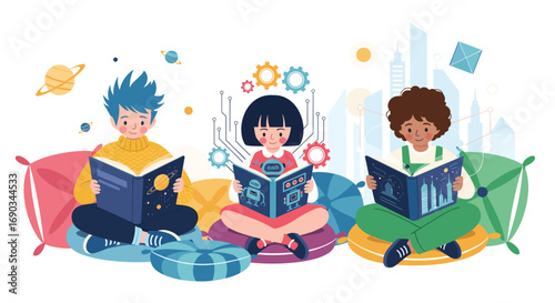 Curious children explore futuristic worlds and technology through books, sparking imagination and learning.