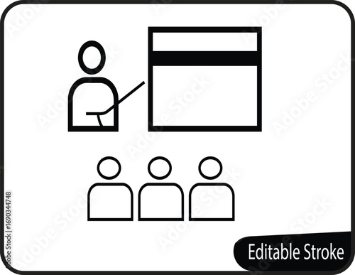 A modern line art icon of a teacher giving a lecture to students, representing classroom learning, seminars, and presentations.