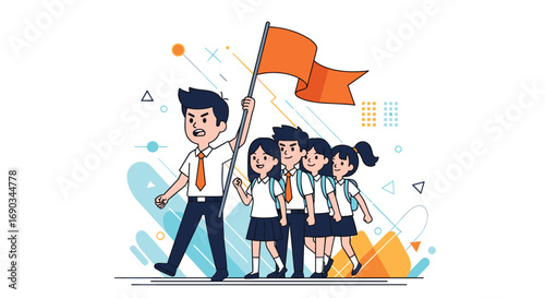 Confident leader guides enthusiastic students forward, inspiring teamwork and achievement with bright flag