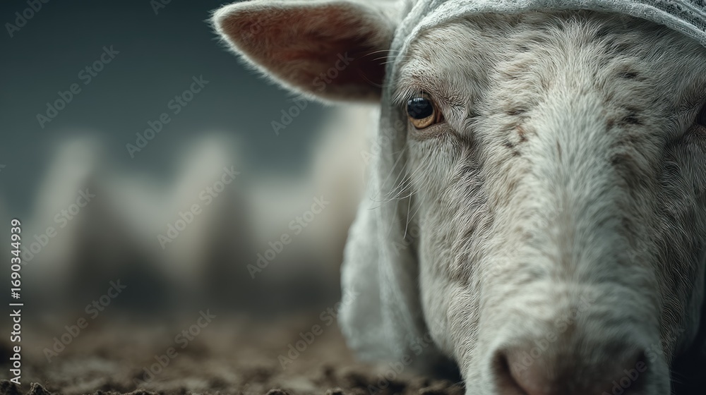 Obraz premium Close-up Portrait of a Curious Sheep Resting in a Tranquil Pasture