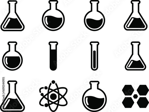 (151)Lab Equipment & Science Icon Set – Black and White Vector Illustrations of Flasks, Test Tubes, Molecules, and Atomic Symbols