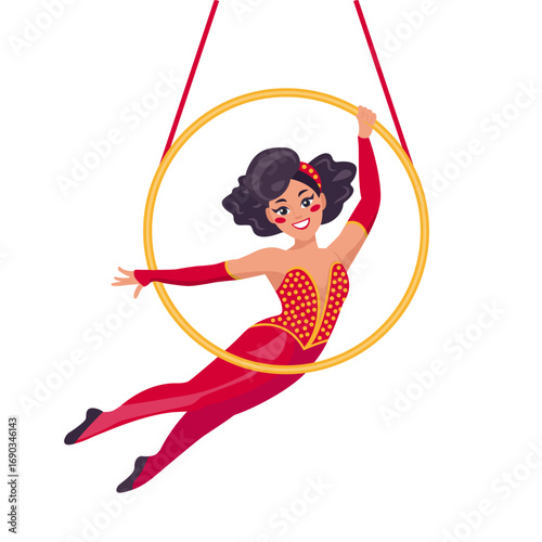 Aerial gymnast with a hoop. Circus, fair, carnival. Vector illustration