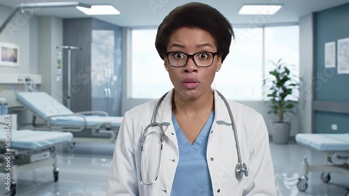 Shocked Female Doctor in White Coat with Stethoscope In Clinic Room with Hospital Beds Against White Wall During