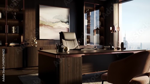 Executive Office Interior with Wood Desk and Cityscape View Large Window and Elegant Pink Chair for Leader in Warm