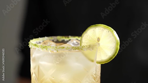 Close Up of a Margarita Cocktail Glass with Lime Slice and Black Background