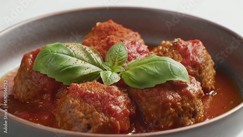 Delicious Meatballs in Red Tomato Sauce with Basil Leaves on Top in a Brown Bowl