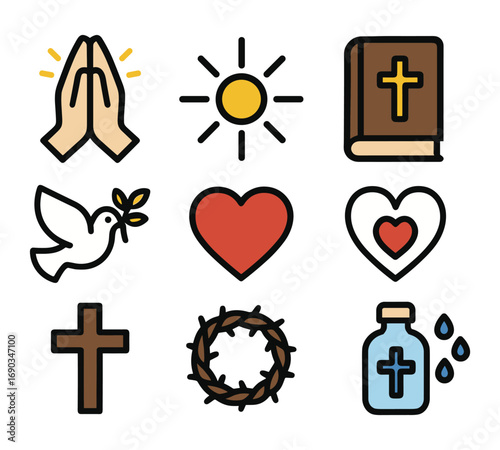 A variety of religious symbols, including a cross, a heart, a dove, and a book. The symbols are arranged in a row, with the cross at the left and the book at the right
