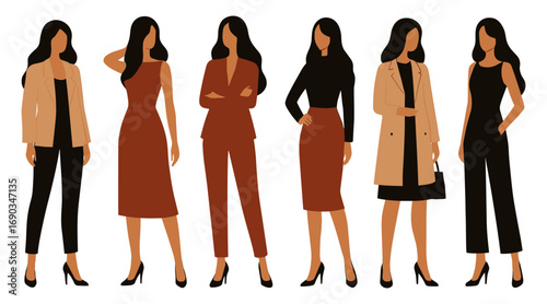 A group of women are dressed in business attire, with one woman wearing a black jacket and another wearing a tan jacket