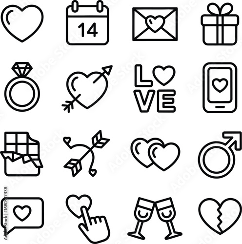 (164)Valentine’s Day Icon Set – Black and White Line Vector Illustrations of Love, Romance, Gifts, Hearts, and Celebration