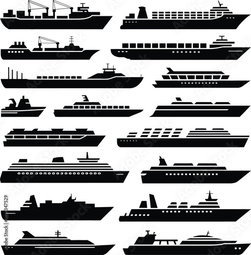 (166)Ship Silhouettes Icon Set – Black and White Vector Illustrations of Cargo Ships, Yachts, Ferries, and Maritime Vessels