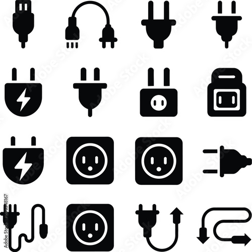 (170)Electrical Plug & Socket Icon Set – Black and White Vector Illustrations of Power Cords, Connectors, and Energy Symbols