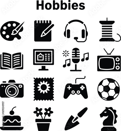 (177)Hobbies Icon Set – Black and White Vector Illustrations of Art, Gaming, Gardening, Cooking, Reading, and Leisure Activities