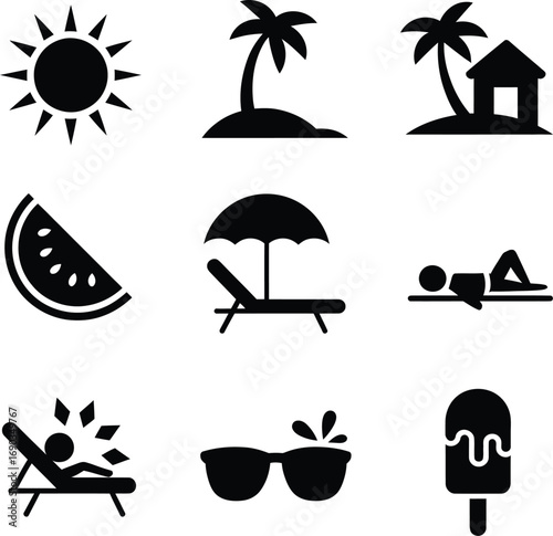 (182)Summer Vacation Icon Set – Black and White Vector Illustrations of Sunbathing, Tropical Scenes, Beach Treats, and Relaxation