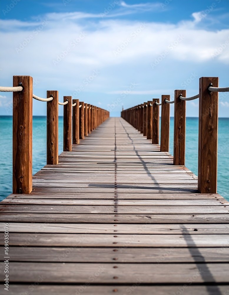 Obraz premium Wooden pier extending into turquoise water under a partly cloudy sky