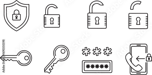 Security and access icons with locks, keys, and phone unlock padlock