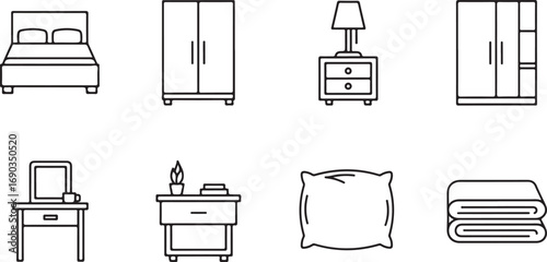 Bedroom Furniture Icons Including Bed Wardrobe Nightstand Dresser Pillow vector illustration