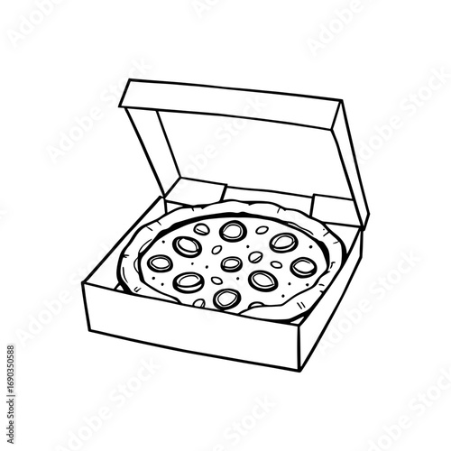 black white illustration of pizza in open box