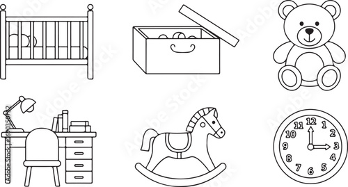 Baby and children's room icons with crib, toy box, teddy bear, desk, rocking horse, and clock