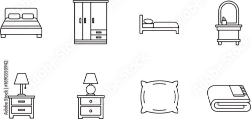 Bedroom furniture and bedding icons including bed wardrobe nightstand and blanket on white background Keywords